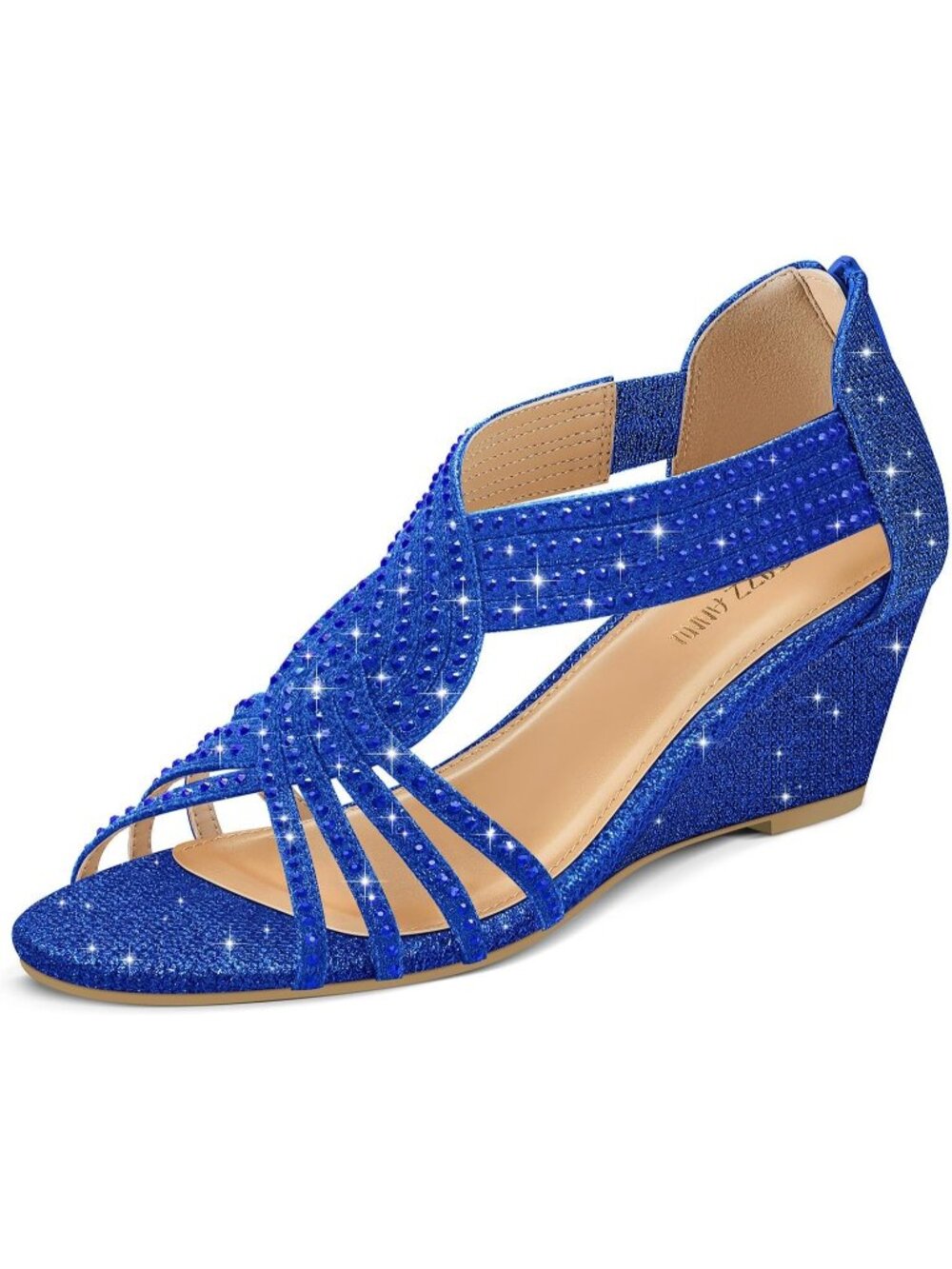 Women's Royal Blue Glitter Rhinestone Sparkle Low Wedge Open Toe Dress Shoes